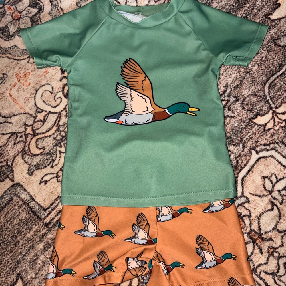 Kids Duck Print Swim Set - Green and Orange
